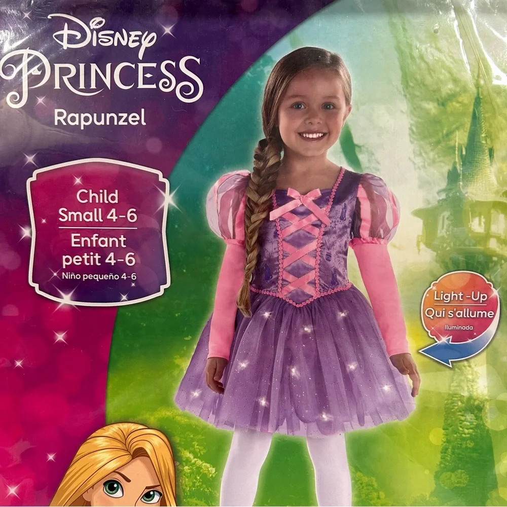 Disney Princess Rapunzel Light Up Dress Costume w/ Deluxe Wig NWT Sz Small 4-6 - Picture 4 of 9